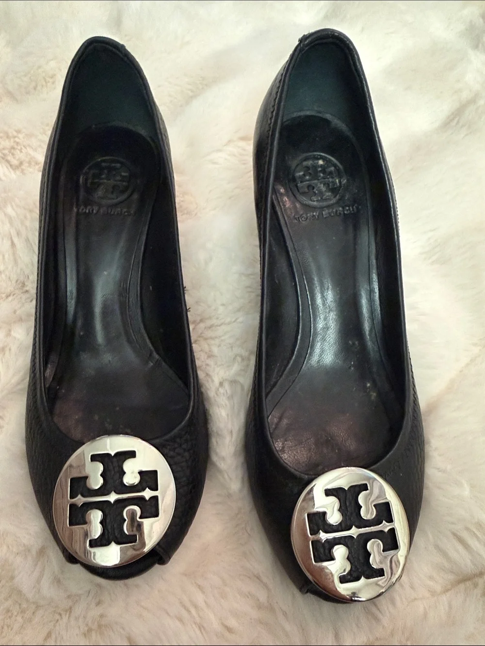 Tory Burch sally 2 peep toe  Black Leather Wedges with Silver Logo Medallion
